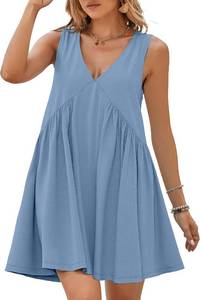 lot 4145 image: BerryGo Sleeveless Mini Dress Casual V Neck Beach Tank Babydoll Short Sundresses- Gray Blue - Size XS