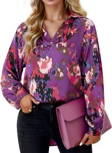lot 4147 image: Floral Boho V Neck Flowy Bohemian Long Sleeve Blouses - Size Large