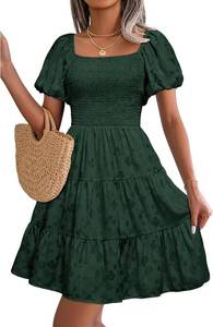 lot 4148 image: dowerme Puff Short Sleeve Square Neck Smocked Floral Wedding Guest Mini Dress with Pockets - Dark Green Size Medium