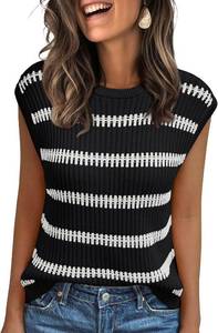 lot 4150 image: LILLUSORY Fall Sweater Vest Women Crew Neck Sleeveless Striped Sweater Cap Seblack - Size XL