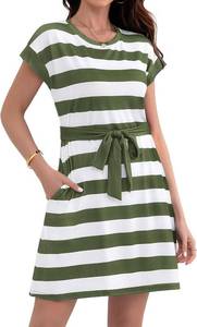 lot 4152 image: Womens Striped Cap Sleeve T Shirt Crewneck Casual Dress A Line Tie Waist with Pockets Amy Green - Size XL