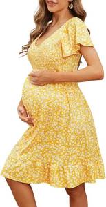 lot 4159 image: Adorel Maternity Dress Midi Ruffle V-Neck Flowy Smocked Empire Waist Casual Pregnant Outfit Baby Shower, Yellow Print Size Medium