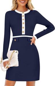 lot 4165 image: ZESICA Long Sleeve Bodycon Sweater Dress Crewneck Button - Navy Size XL
