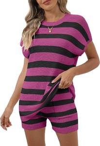 lot 4166 image: 2 Piece Sweater Lounge Sets Striped Summer Sleeveless Top Matching Pajama Shorts Set Rose and Black - Size Small