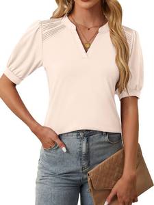 lot 4171 image: Women Puff Sleeve Tops V Neck Dressy Casual Blouse Pleated Casual Summer Shirts - Tan Size XL