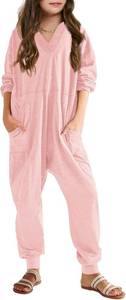 lot 4174 image: Haloumoning Girls Casual Loose Jumpsuits Long Sleeve V Neck Oversized Rompers Baggy Summer Overalls with Pockets, Pink Size Medium