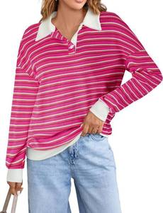 lot 4177 image: Blooming Jelly Womens Striped Sweatshirt Collared Cute Long Sleeve Tops - Pink Size Large