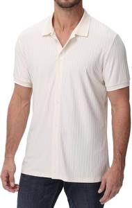 lot 4184 image: ZTN Mens Shirts Short Sleeve Casual Striped Summer Shirts Button Down Shirt Apricot - Size XL
