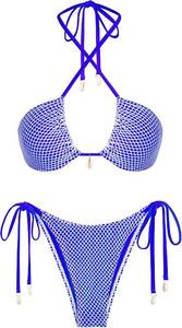 lot 4187 image: seamoly Womens Bikini Sets Halter Fishnet Shell Decorated Two Piece Swimsuit Sexy Side Tie Thong Bandeau Bathing Suits Royal and Blue and White Size Small