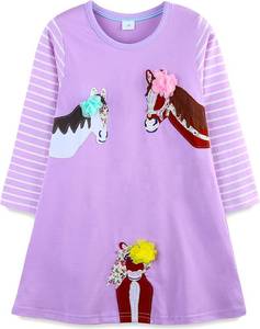 lot 4190 image: Bumeex Girls Long Sleeve Dresses Cotton Cute Embroidery Applique Swing A-Line Casual Tunic Playwear Purple 5T