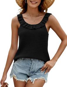 lot 4192 image: Tanou Womens Ruffled Neckline Sweater Vests Hollow Out Crochet Sleeveless Casual Knit Tank Tops Black Medium