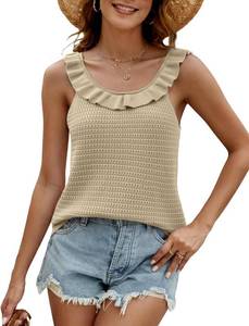 lot 4196 image: Tanou Womens Ruffled Neckline Sweater Vests Hollow Out Crochet Sleeveless Casual Knit Tank Tops. Apricot Size Large