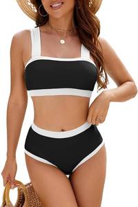 lot 4204 image: Jolefille Women High Waisted Bikini Set- Color Block Two Piece Swimsuit Tummy Cotrol Bathing Suit Bandeau Top Coverage Bottom Black and White Size Medium