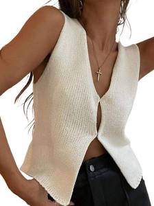 lot 4207 image: Womens Vintage Knittd Tank Y2k Vest Crop Top Sleeveless V-Neck Open Front Button Crochet Knit Vests Tops Streetwear (A-White, L), Large