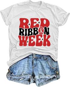 lot 4208 image: ELDPS Women Red Ribbon Week ShirtRed Ribbon Week Awareness T-Shirt Prevention Short Sleeve Tops