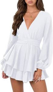 lot 4211 image: Hocuos Womens Long Lantern Sleeve Plunging V Neck Dress Tie Waist Layer Ruffle Hem A Line Swing Casual Short Mini Dress. White Size Small