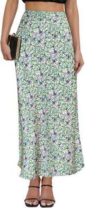 lot 4214 image: Flower Satin Long Skirt Elastic High Waisted Silk Long Skirts Green with flowers Small