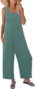 lot 4217 image: Nfsion Womens Summer Casual Loose Tank Jumpsuit Sleeveless Crewneck Long Pants Jumpsuit Romper with Pockets. Light Green Small