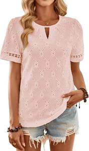 lot 4220 image: Falechay Womens Summer Tops Keyhole Crew Neck Eyelet Lace Short Sleeve Blouses Boho Casual Hollow Out Embroidered Shirts. Pale Pink Small