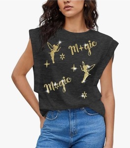 lot 4222 image: ASTANFY dark gray crewneck t-shirt features gold glitter graphics of Tinker Bell and the word Magic. Large