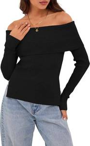lot 4225 image: ZAFUL Womens Off The Shoulder Pullover Sweater Long Sleeve Fall Ribbed Knit Tops Sexy Outfits. Black Small