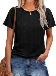 lot 4233 image: OFEEFAN Short Sleeve Tshirts for Women Summer Eyelet Short Sleeve Tops Loose Casual Basic Tee. Black Medium