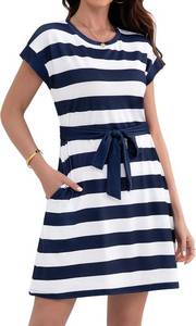 lot 4234 image: Womens Summer Dresses for Women Casual Striped Crewneck Cap Sleeve A Line Swing Dress Sundresses with Pockets Blue Medium