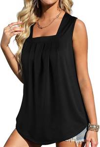 lot 4238 image: Flafens Summer Tank Tops for Women Girls - Black Design Loose Fit Pleated Babydoll Scoop Neck Smocked Graphic Tshirt Sleeveless Tops for Beach Vacation, Black Small