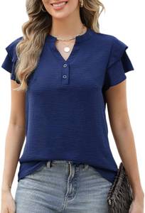 lot 4256 image: CiCiBird Womens Dressy Button Down Shirt Casual Ruffle Short Sleeve Blouse Business Work V Neck Tops Navy Small