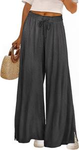lot 4260 image: YESNO Womens Wide Leg Woolen Pants Fall Elastic High Waist Casual Palazzo Trousers with Pockets and Side Split PW0 Dark Gray XL