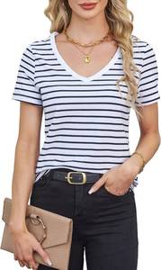 lot 4261 image: LilyCoco Womens Striped T Shirt V Neck Casual Summer Short Sleeve Top Black and White Small