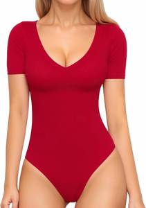 lot 4269 image: MANGOPOP Womens Long Sleeve Short Sleeve Bodysuit Sexy V Neck Body Suits Fitted Fall Going Out Tops. Red Small