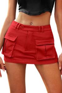 lot 4274 image: ELLEVEN Cargo Mini Skirt for Women Low Waist Y2K Bodycon Low Rise Denim Womens Skirts High Stretchy Button Cute Skort Mini Jean Skorts with Pockets Red X-Large