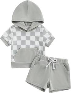 lot 4275 image: Toddler Boy Shorts Set Short Sleeve Gesture Hoodie Checkerboard Plaid Top Drawstring Shorts Baby Boy Summer Outfit. Gray 12-18 Months