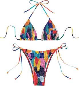 lot 4276 image: WDIRARA Womens 2 Piece Color Block Halter Triangle Bikini Set Smocked Drawstring Side Swimsuit Multicolor Medium