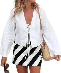 lot 4283 image: Vhitler Y2k Bow Long Sleeve Blouse White Linen Shirt Cottagecore Summer Going Out Coquette Clothes Tie Front Top White Small