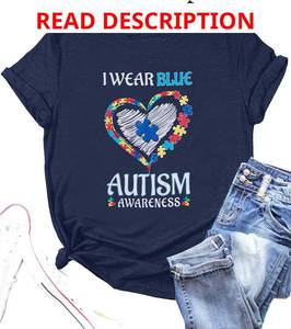 lot 4289 image: Autism Awareness Shirt Women Blue Ribbon T-Shirt I Wear Blue Tshirt Autism Support Tee Causal Short Sleeve Tee Tops GrayBlack Small