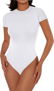 lot 4290 image: Cyanstyle Womens Sexy Short Sleeve Crew Neck Double Lined Going Out Thong Bodysuit Tops. White Medium