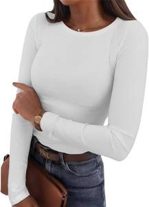 lot 4293 image: Womens Long Sleeve Shirts 3 Packs Slim Fit Stretch Crewneck Ribbed Tops Undershirt Tees Basic Tunic White Medium