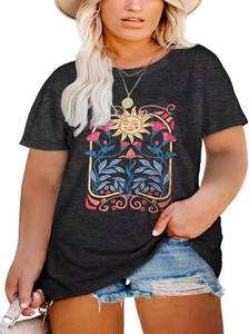 lot 4298 image: Womens Plus Size Tops Boho Floral Print Shirt Cute Graphic Moon Flower Tee Short Sleeve Summer T-Shirt. Black with print 3XL