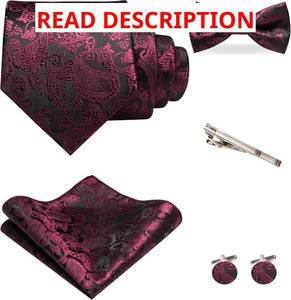 lot 4307 image: JEMYGINS Mens Paisley Tie and Pre-tied Paisley Bow Tie with Pocket Square Cufflinks Clip Set Light Purple
