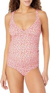 lot 4310 image: Womens Maternity Ruched V-Neck Swimsuit with Adjustable Straps. Pale Peach Micro Floral 4XL