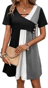 lot 4311 image: Womens Summer Colorblock Cutout Casual Tee Dress Short Sleeve V-Neck A-Line Dress For Vacation Everyday Wear Black and White XL