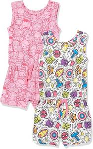 lot 4312 image: Amazon Essentials Disney  Marvel  Star Wars  Frozen  Princess Girls and Toddlers Knit Sleeveless Rompers, Pack of 2. MULTI Color 4T