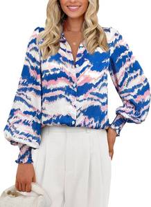 lot 4319 image: PRETTYGARDEN Womens Button Down Shirt V Neck Printed Long Sleeve Blouses Dressy Casual Fall Boho Tops Pink and Blue Small