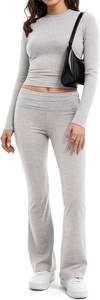 lot 4321 image: MANGOPOP 2 Piece Lounge Sets for Women Fold Over Flare Pants Long Sleeve Top V-Cut Flare Leggings Fall Pajamas Casual Outfits Grey Small