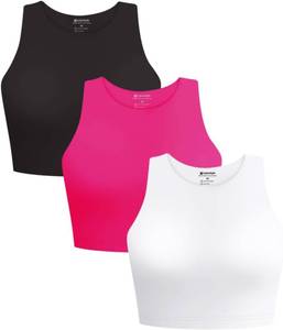 lot 4324 image: Cyanstyle Womens 3 Piece Tank Tops Sleeveless Halter Neck Raceback Double Lined Basic Tank Crop Tops Black White Neon Rose Red XL