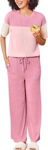 lot 4327 image: Cnlinkco Womens Pajama Sets Color Block Knitted Casual Crewneck Long Sleeve Sleepwear Tops Shirt with Long Pajama Pant Set Pink Medium