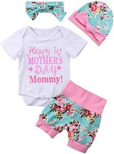 lot 4332 image: Baby Girl Happy 1st Mothers Day Outfit Short Sleeve RomperFloral Shorts HeadbandHat Summer Clothes. Pink 6-9 Month