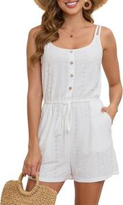 lot 4338 image: Bsubseach Romper for Women Hollow Out Swimsuit Coverup Summer Spaghetti Straps Short Jumpsuit with Pockets White XXL